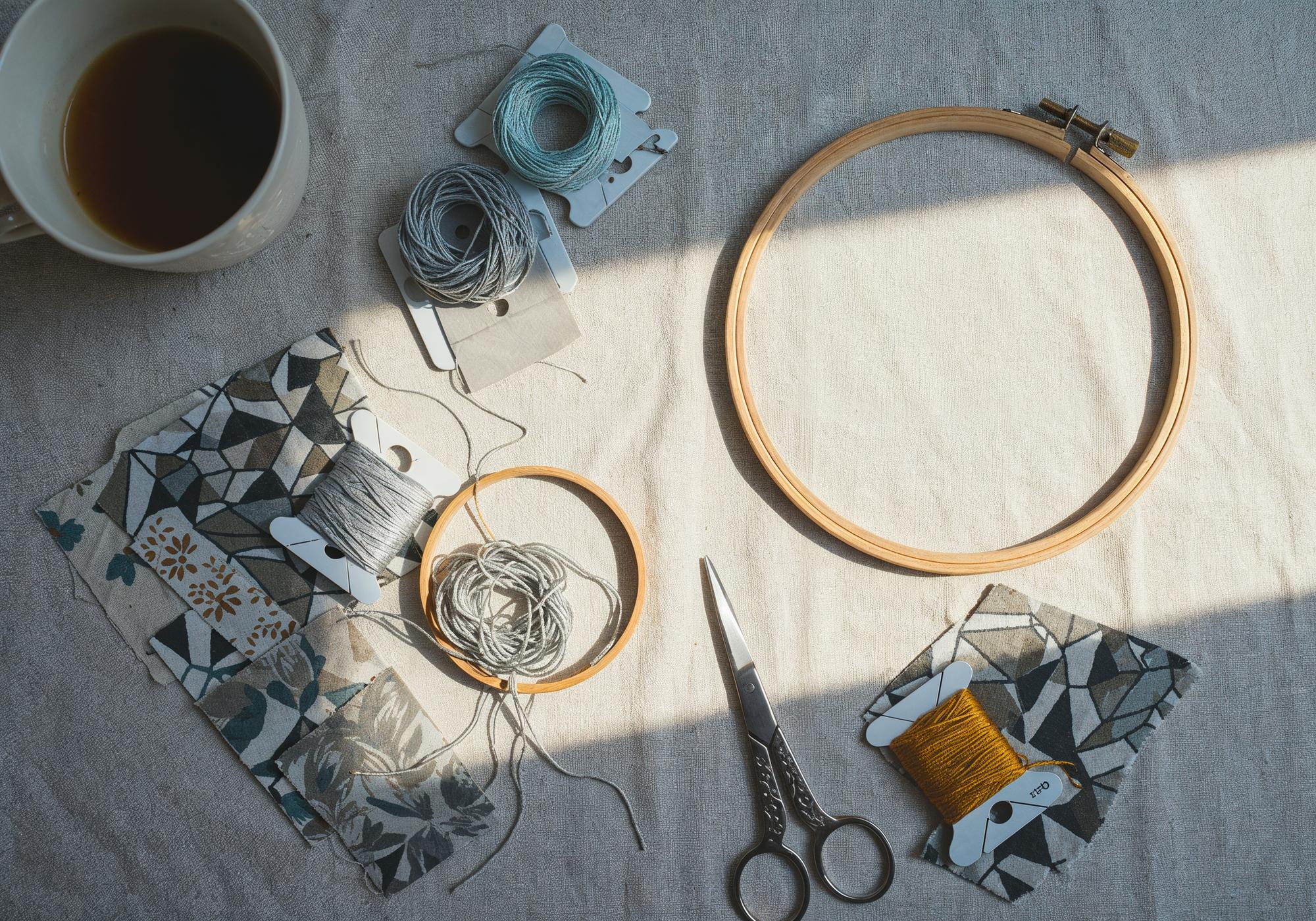 stolik z niciami i tamborkiem